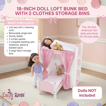 Emily Rose 18 Inch Doll Loft Bunk Bed Pink - Wooden Doll Bunkbed with Storage Shelves, Ladder, Removable Single Bed, 2 Polka Dot Bedding Sets & Curtains - Fits American Girl Dolls