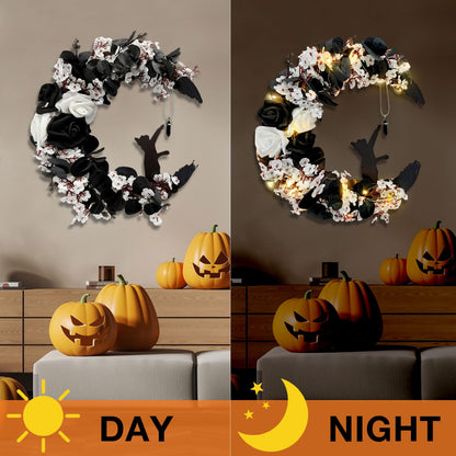 Halloween Wreaths for Front Door, Flower Moon Cat Halloween Home Decoration, Fall Winter Family Gathering Decoration Wreath Outdoor Wall Closet Fence Spooky Wreath(Moon Cat White13.7in×9.8in)
