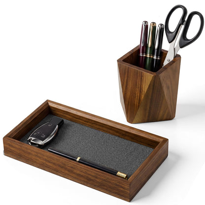 Marspark Walnut Desk Tray with Pen Holder Set, Non-Slip Desk Tray and Pencil Holder Set with Felt Lined, Natural Wooden Desktop Drawer Organizer Office, Organizer Trays for Keys, Pen, Watch