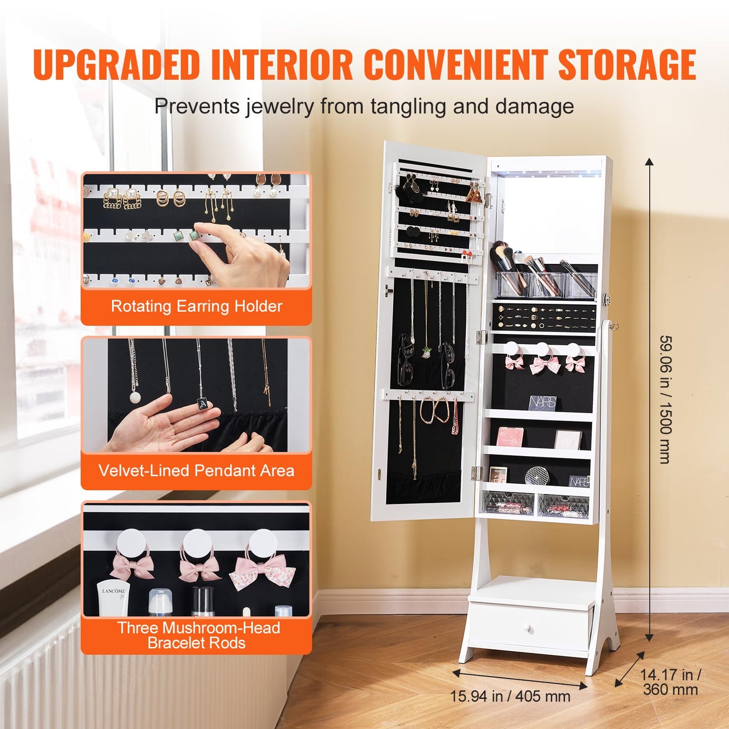 VEVOR Jewelry Cabinet Armoire, 62-Inch Tall Lockable Jewelry Organizer with Full-Length Mirror, LED Light, Velvet Lining, Drawer, Freestanding, White