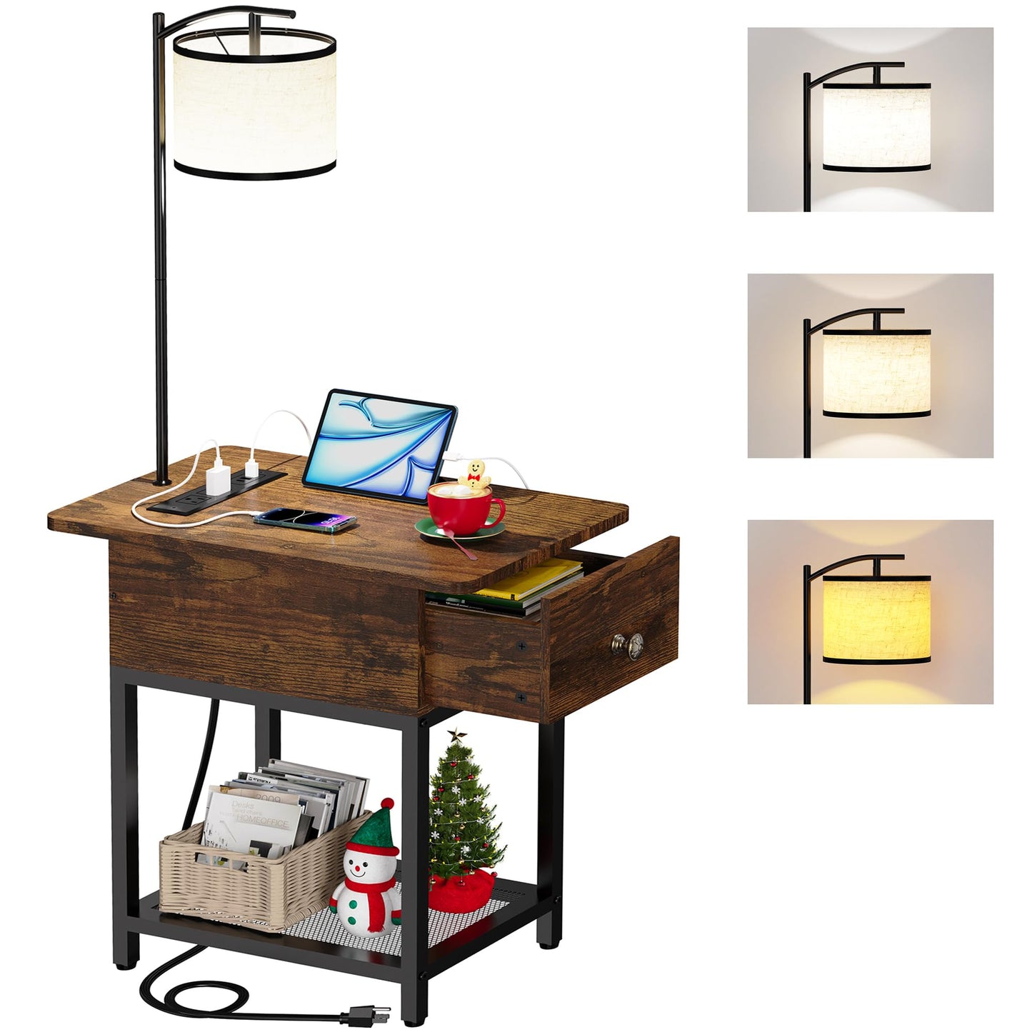 runjuly Floor Lamp with Table, Side Table with Lamp Attached, Narrow End Table with LED Lights and Charging Station, Nightstand with Wood Drawer for Living Room, Bedroom, Rustic Brown