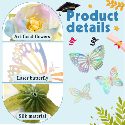 Canlierr 32 Pcs DIY Graduation Cap Decorations Accessory Kit Include Faux Flower Heads 3D Butterfly Grad Cap Decorations(Blue Tone)