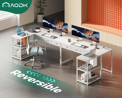 AODK 53 Inch L Shaped Computer Desk with Drawers, Corner Desk with Power Outlets & Reversible Storage Shelves, for Home Office Gaming, White