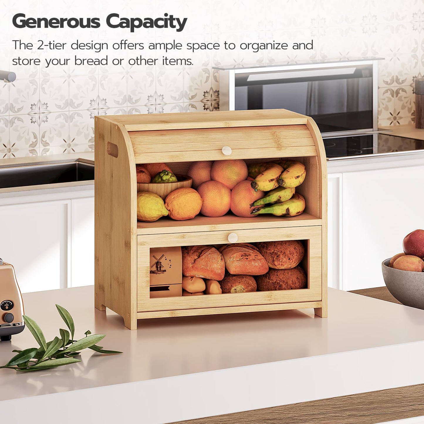 HOOBRO Bread Box, Bamboo Bread Box for Kitchen Countertop, 2 Tier Roll-Top Bread Bin, Food Storage Box, Large Capacity Keeper, Wooden Storage Cabinet, for Kitchen, Dining Room, Natural YL13MB01