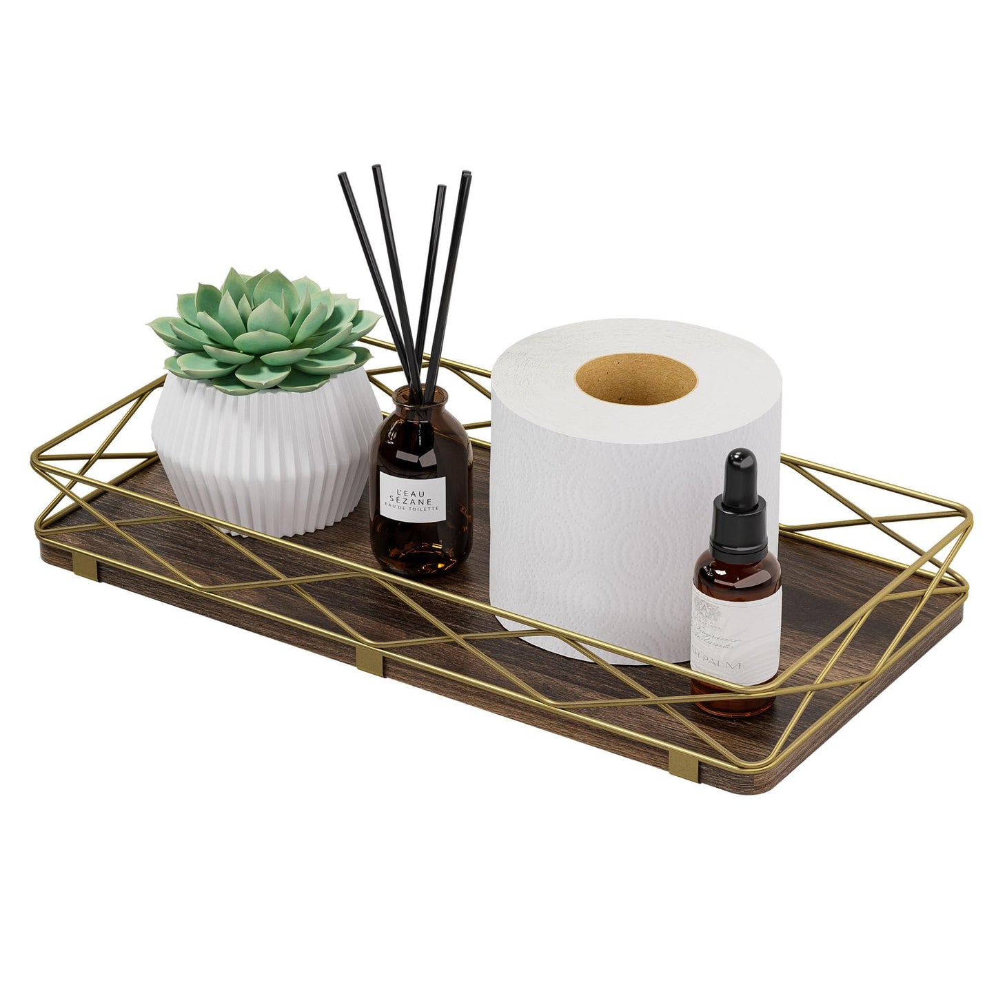 Lixple Toilet Paper Basket Holder, 13" Toilet Tank Tray, Wood and Metal Toilet Tray Vanity Organizer Bathroom Tray, Kitchen Sink Organizer for Soap Dispenser (Brown+Gold)