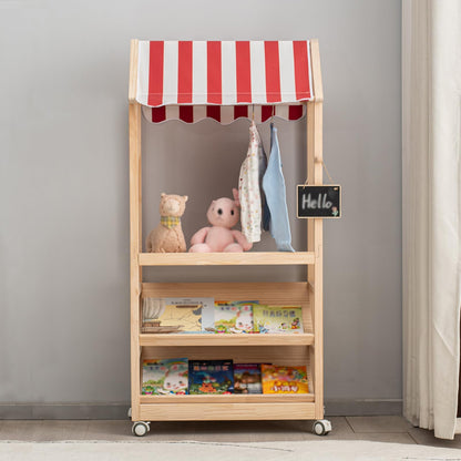 HaoGZMZFCL 3 Tier Wood Storage Rack with Lockable Casters for Easy Movement for Living Room Bed Room Wooden Storage Shelf Bookshelf Coat Rack for Books Toys Clothes, a Rod (Red & White roof)