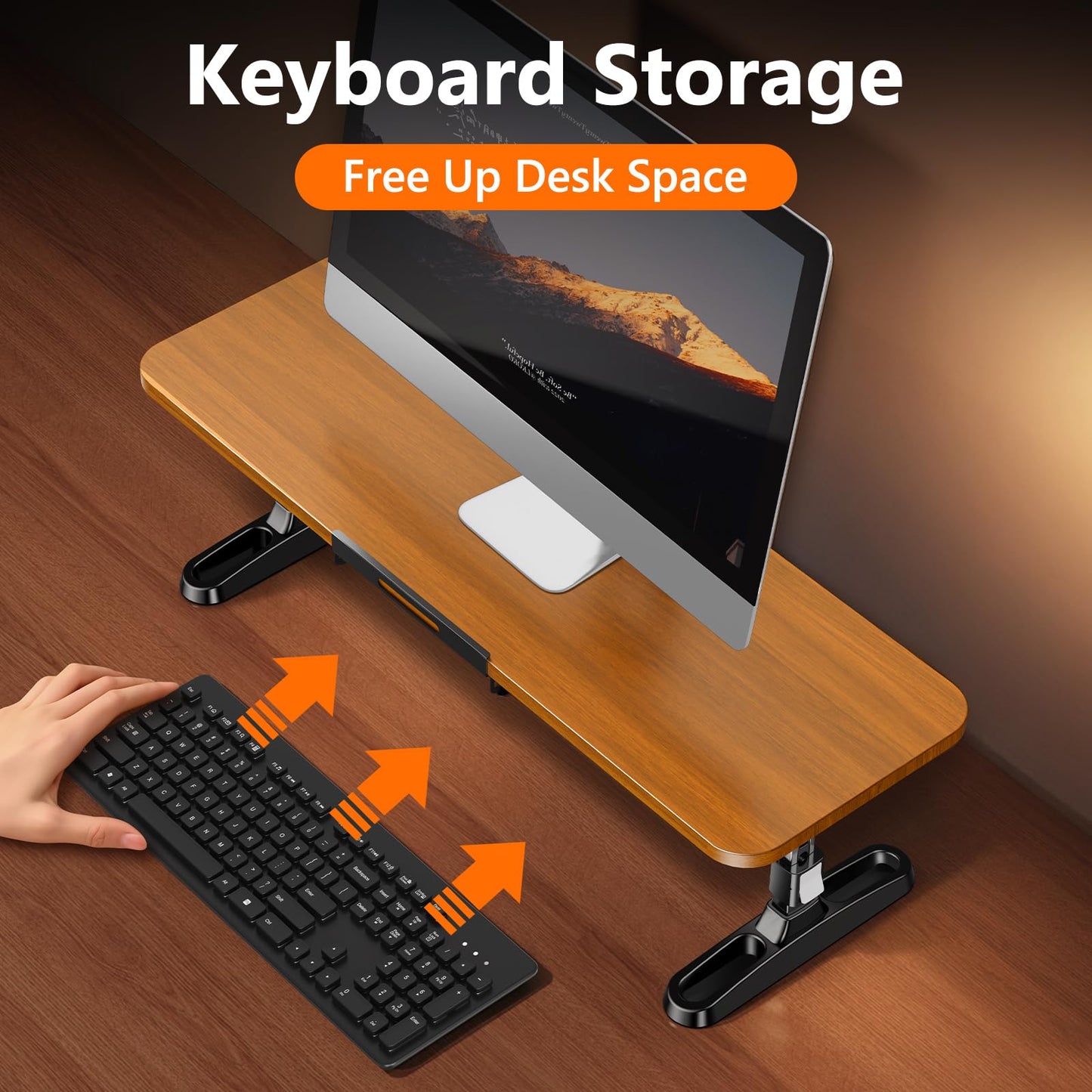 nediea Wooden Monitor Stand Riser with Height Adjustable Button, Ergonomic Computer & Laptop Stand with Hidden Tablet Holder, Keyboard Storage & Desktop Organizer for Home Office Kitchen