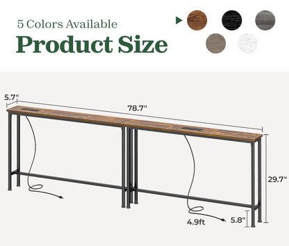 SUPERJARE 78.8 inch Narrow Console Table with Outlet, Sofa Tables, Behind Couch Table, Long Entryway Tables with Charging Station, for Living Room, Rustic Brown