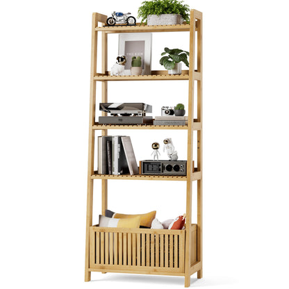 Bamjoy Bamboo Ladder Shelf, Bookshelf with 4 Display Shelves and 1 Open Storage Basket, Multifunctional Storage Rack Organizer for Home Office, Bedroom, Living Room, 66” H Natural