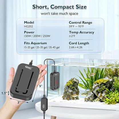 hygger 35-45 Gallon Short Fish Tank Heater, 250W Adjustable Submersible Aquarium Heater with Digital Display Controller, Run Dry & Overheating Protection