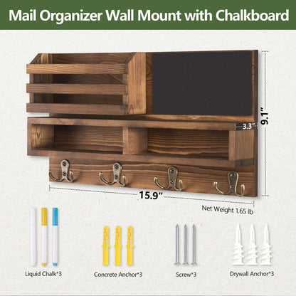 FIPUTE Key Holder for Wall, Wall Mounted Mail Holder Wooden with Shelf & 3 Liquid Chalks & Chalkboard, Mail Sorter Organizer, Rustic Home Decor (15.98”W x 9.1”H x 3.3”D), Burnt Brown
