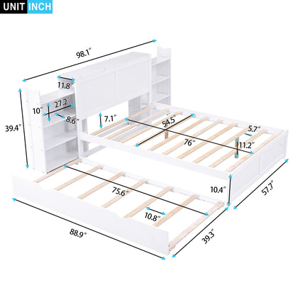 Merax Full Size Storage Platform Bed with Pull Out Shelves and Twin Size Trundle, Wooden Bed Frame with Storage Headboard for Bedroom, No Box Spring Needed