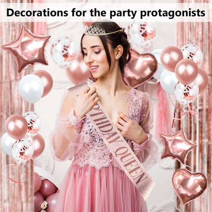 Party spot! 253 Pcs Birthday Decorations For Women, Rose Gold Party Decorations, Happy Birthday Decorations - Balloon Stand Kit, Tableware Kit,Pump, Banner, Tassel Curtain,Balloon, For 25 Guests