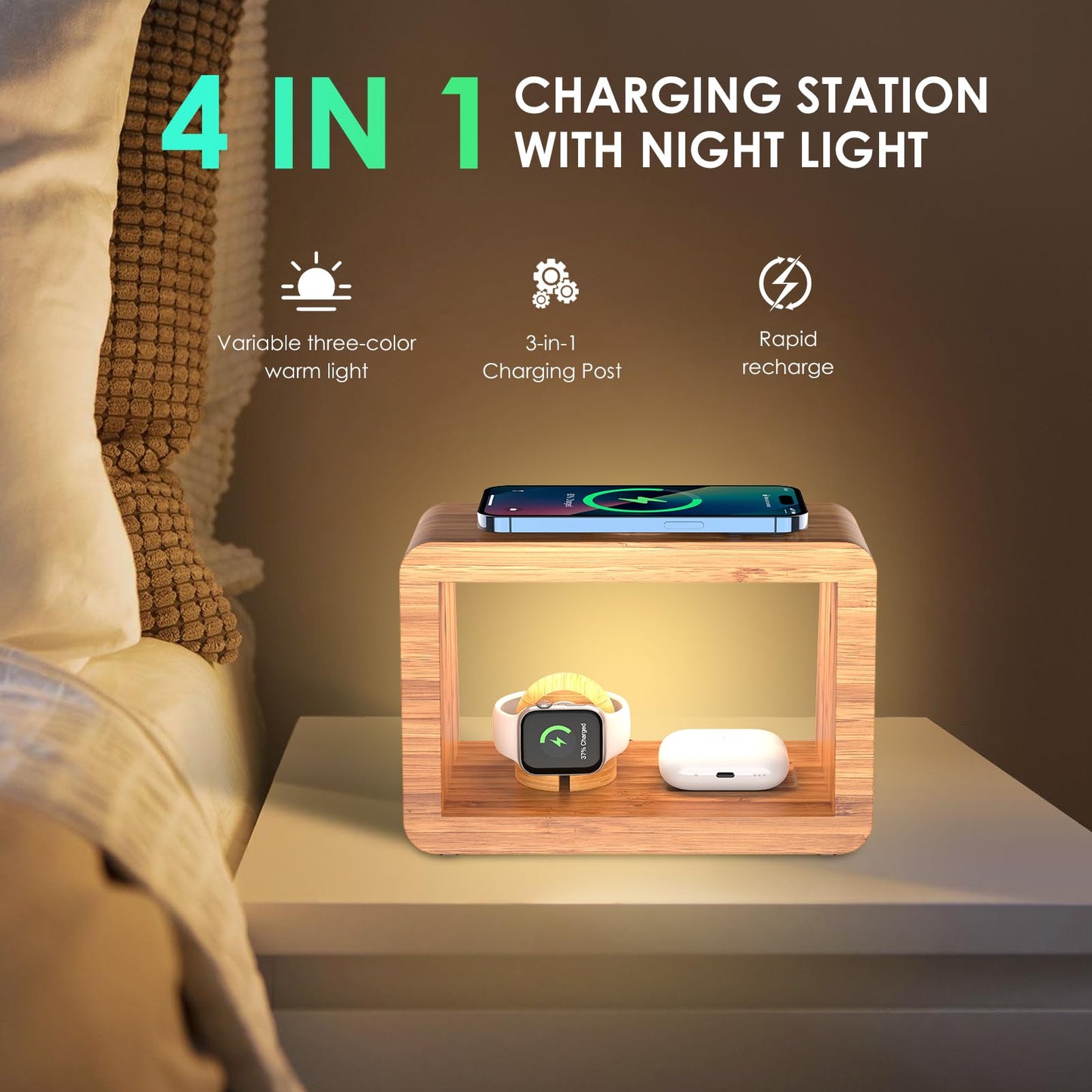 HQOBZX Bamboo Wireless Charging Station: Fast Charger Stand for iPhone 15/14/13/12/11 Pro Max/X/Xs Max/8, AirPods Pro, iWatch Series SE - 3-in-1 Dock