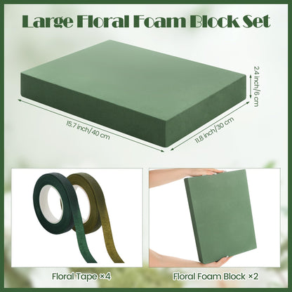 Elcoho 2 Pack Large Floral Foam Base 15.7"L x 11.8"W x 2.4"H Floral Foam Block with 4 Floral Tape Wet Dry Floral Foam Brick for Home Wedding Centerpieces Fresh or Artificial Flowers DIY Arts Crafts