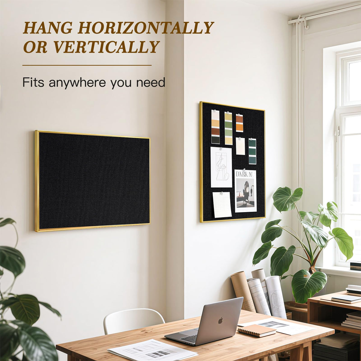 QUEENLINK Linen Bulletin Board 36" x 24", Black Fabric Pin Board with Gold Aluminum Frame, Decorative Vision Board for Home Office, Bedroom & Dorm Wall Decor, Includes 10 Push Pins