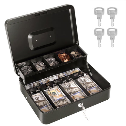 Cash Box with Money Tray and Lock, Metal Money Box for Cash Register, Large Cash Lock Box for Money Safe Includes 5 Slots Coin Tray, 4 Bill Slots, 4 Keys, 11.8" x 9.4" x 3.54" Black