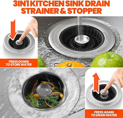 Kitchen Sink Drain Strainer & Sink Stopper, Upgraded Stainless Steel Drain Plug
