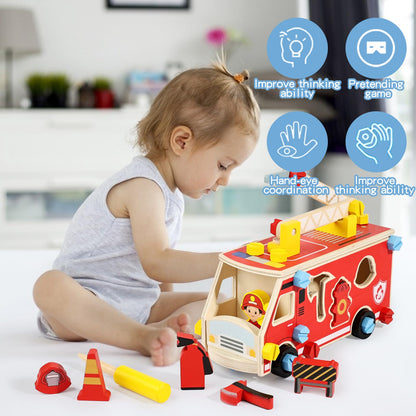 LOVELAND Wooden Fire Truck Toy – Take-Apart STEM Vehicle with Firefighter Tools & Shape Sorting, Montessori Educational Gift for Toddlers Boys Girls Ages 3+