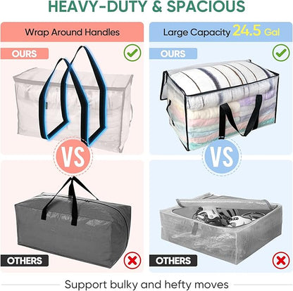 BALEINE 12-Pack Oversized Moving Bags with Reinforced Handles, Heavy-Duty Storage Tote for Clothes, Moving Supplies (Clear, 12-Pack)