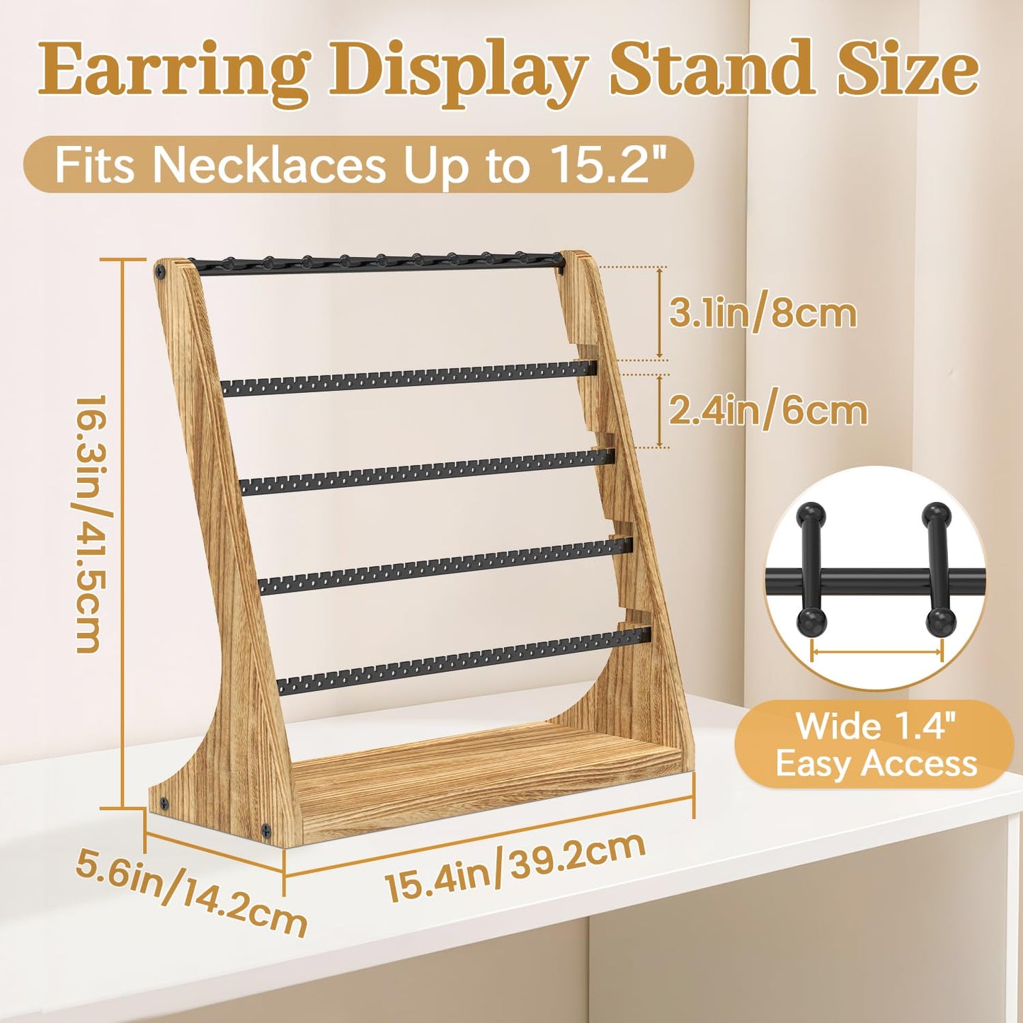 MODOWEY Earring Holder Organizer and Necklace Display Stand, Countertop Wooden Tree Rack for Stud Pierced Dangle Bracelet Storage, 5 Tier 20 Hooks Large Capacity Metal Jewelry Hanger for Women