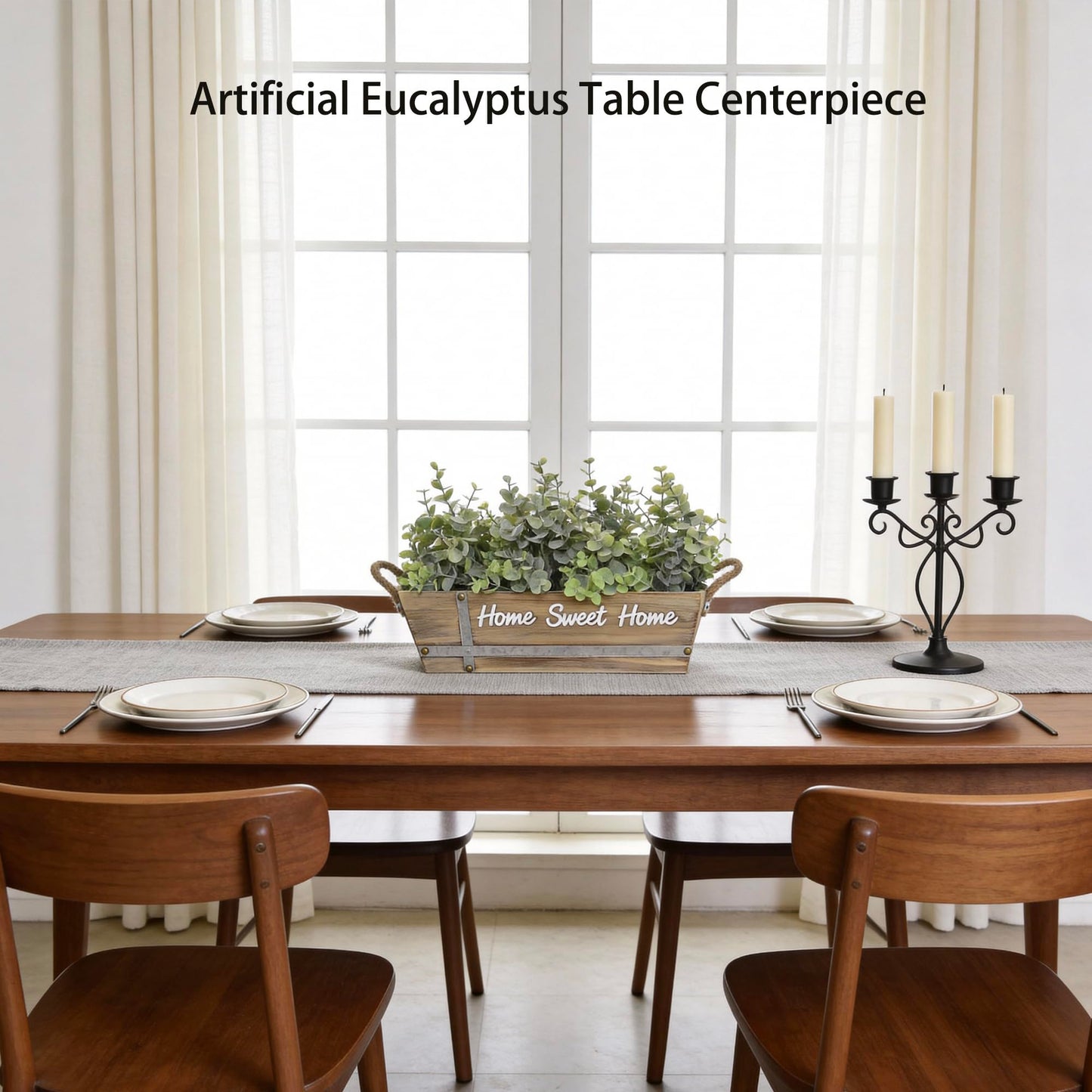 hopeme Artificial Eucalyptus Table Centerpiece in Wooden Box, Faux Greenery Arrangement with “Home Sweet Home” Sign, Jute Rope Handles, Farmhouse Rustic Home Décor