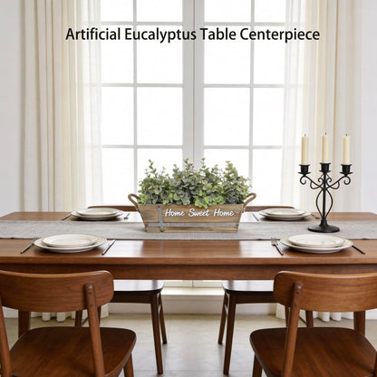 hopeme Artificial Eucalyptus Table Centerpiece in Wooden Box, Faux Greenery Arrangement with “Home Sweet Home” Sign, Jute Rope Handles, Farmhouse Rustic Home Décor