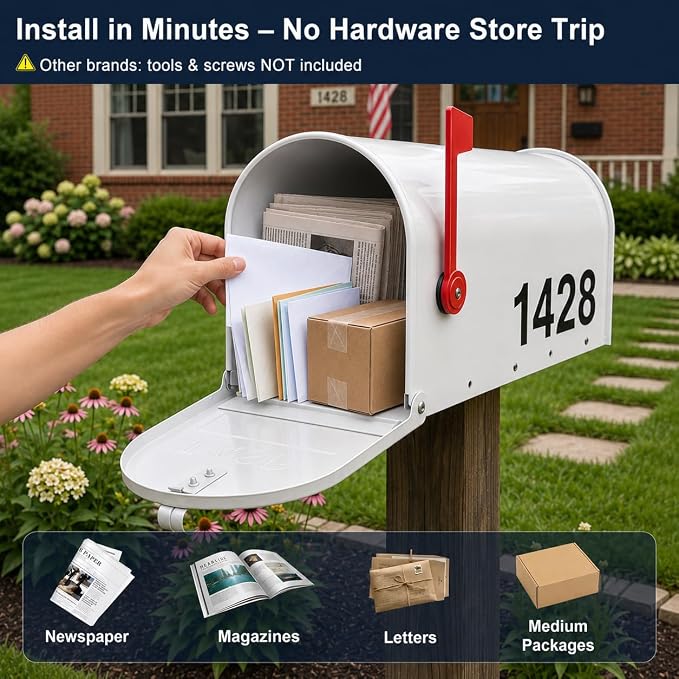 Mailbox for Outside,Metal Post Mount Outdoor MailBoxes - with Tools,Screws,Number Stickers,Red Flag Indicated,Medium Capacity,Galvanized Steel,Waterproof Mail Box for House Outside,20 x 8.7 x 6.7 ”