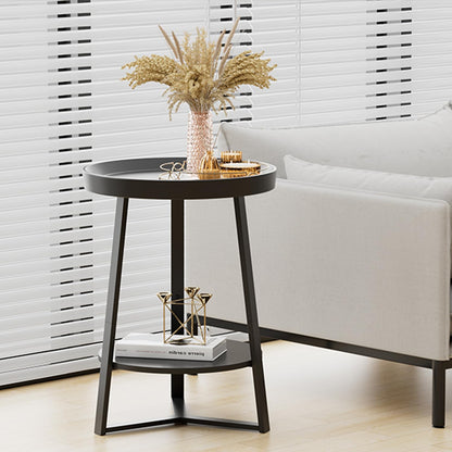 Gadroad Round End Table with Storage Shelf, 2 Tier Farmhouse Side Table Nightstand for Living Room, Bedroom, Wood Tabletop & Black Metal Frame, Black 15.7 * 15.7 * 23.0inches
