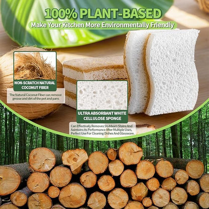 Sponges Kitchen Natural Dish Sponge Plant-Based Biodegradable Compostable Cellulose with Coconut Scrubber Sponge Non Scratch Eco Friendly Kitchen sponges for Kitchen Dishes（Pack of 24）