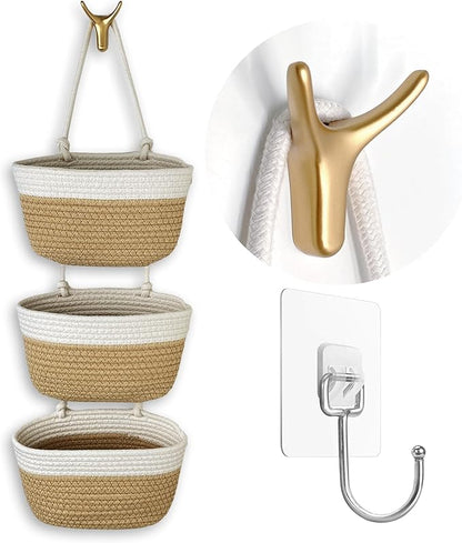 3-Tier Decorative Cotton Rope Hanging Basket, Wall-Mounted Woven Storage