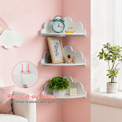 Conamily Cloud Corner Floating Shelves，Set of 3 White Corner Wall Shelf Floating Wooden Cute Wall Mounted Shelves Clouds Dispaly Shelf for Kid’s Room,Toys, Plants & Storage