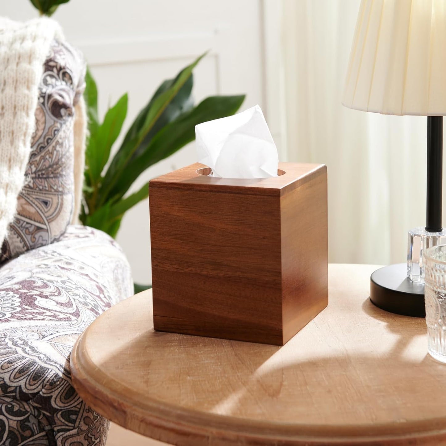 2 Pack Acacia Wood Tissue Box Cover, Square Wooden Tissue Holder for Bathroom, Living Room, Dining Table, Decorative Cube Facial Tissue Box Cover, 5.3 x 5.3 x 5.9 inches