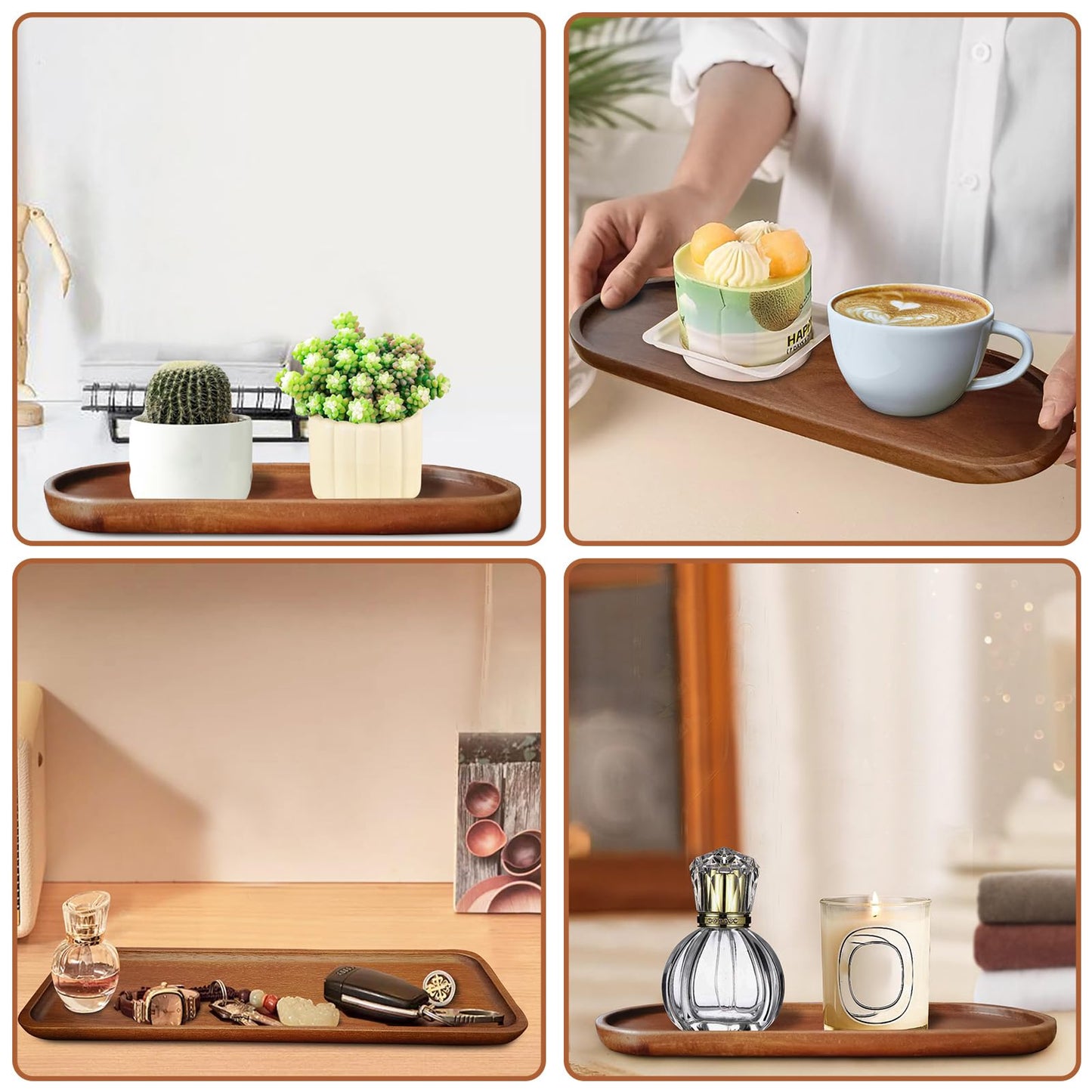 Set of 5 Acacia Wooden Trays Rustic Small Oval Serving Tray Bulk Wood Food Plate Fruit, Salad, Cheese, Coffee Platters Appetizer Decorative Tray 11.4 * 4.1inch (Oval 5Pcs)