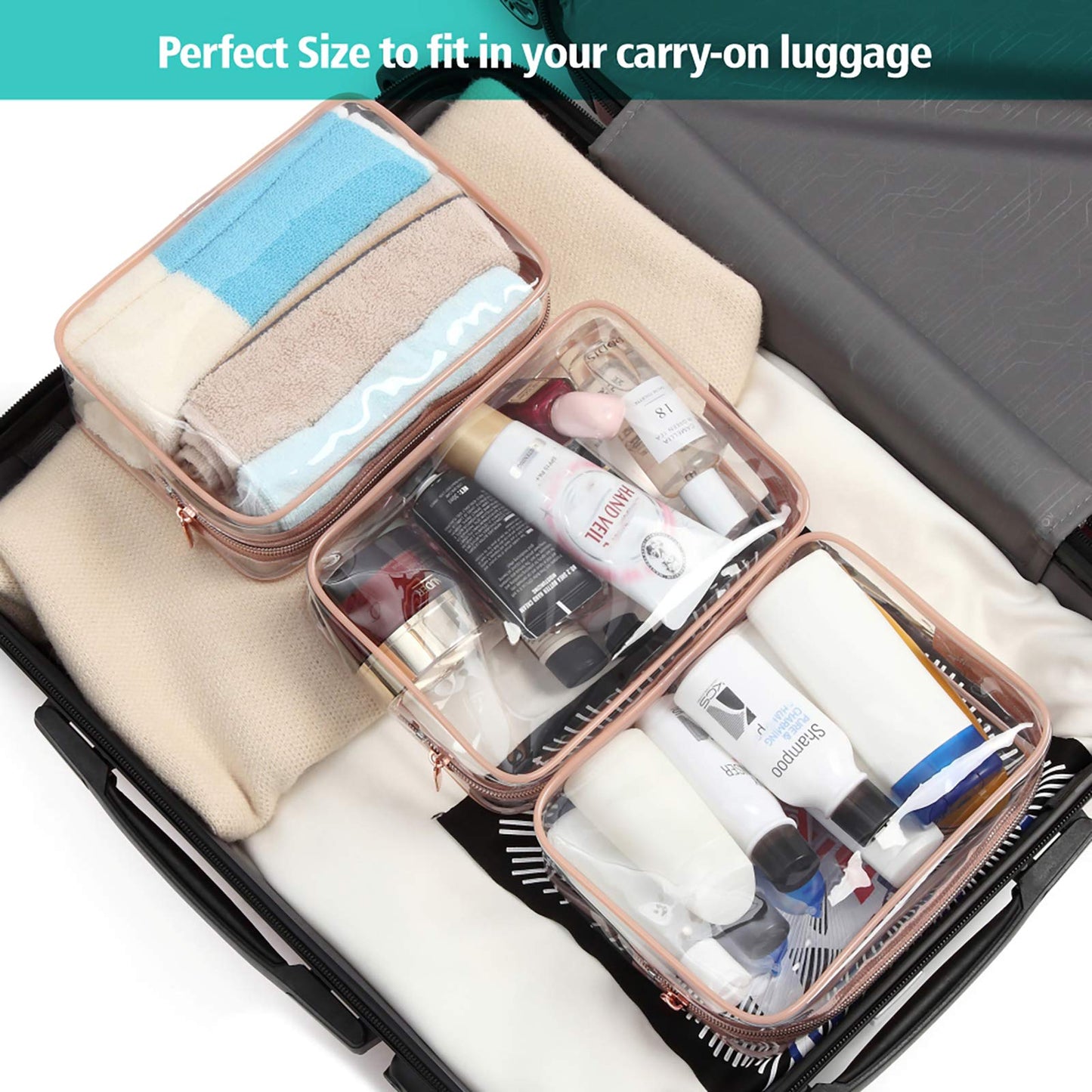 PACKISM Clear Makeup Bag - TSA Approved Toiletry Bag for Travel Size Toiletries, Travel Clear Toiletry Bag Quart Size Bag, Carry on Airport Airline Compliant Bag, Rose Pink(for age 12 or above)