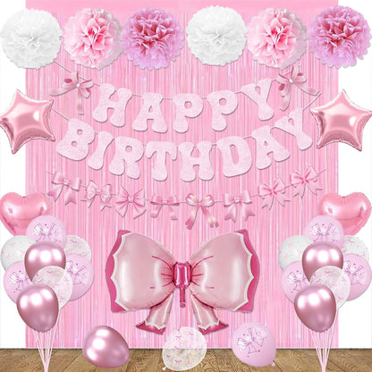 Pink Bow Birthday Party Decorations, Bow Theme Happy Birthday Banner Fringe Curtain Tissue Pom poms Garland Balloons for Women Girls Bday Party Supplies (Macaron Pink)