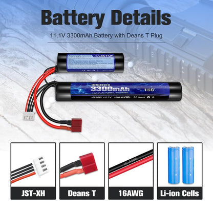 URGENEX Airsoft Battery 3300mAh High Capacity 11.1V Nunchuck RC Battery with Dean-Style T Plug & Mini Tamiya Cable 3S Butterfly Stick Airsoft Li-Ion Fit for aeG AK47 M4 MP5 and Most Airsoft Gun Rifle