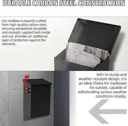 TonGass 7.1"x10.1"x3.8" Wall-Mount Mailbox for House with Flag and Number Stickers, Mailboxes for Outside Wall Mount with Screws Ideal for House Outdoor Use, Rust-Proof Carbon Steel Mailbox - Black