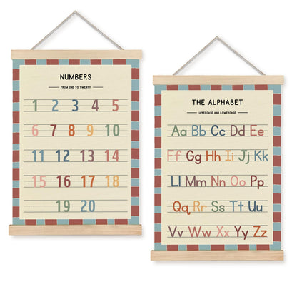 AEREYGBJYJ Numbers and Alphabet Nursery Wall Art Decor Poster Framed, Retro Boho ABC Kids Educational Learning Canvas Wall Art for Toddler Kids Bedroom Playroom Classroom, 12x16 Inch Set of 2