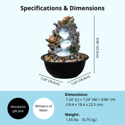 Indoor Tabletop Turtle Water Fountain with LED Light – Coastal Sea Life Desk Waterfall Feature with Soothing Sounds and River Rocks, Ocean Zen Decor for Home Office