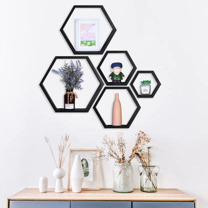 PHOENANCEE Hexagon Floating Shelves,Wall Mounted Wood Farmhouse Storage Honeycomb Shelf Set of 5,for Bathroom, Kitchen, Bedroom, Living Room,Office,Home Room Wall Decor Driftwood Finish