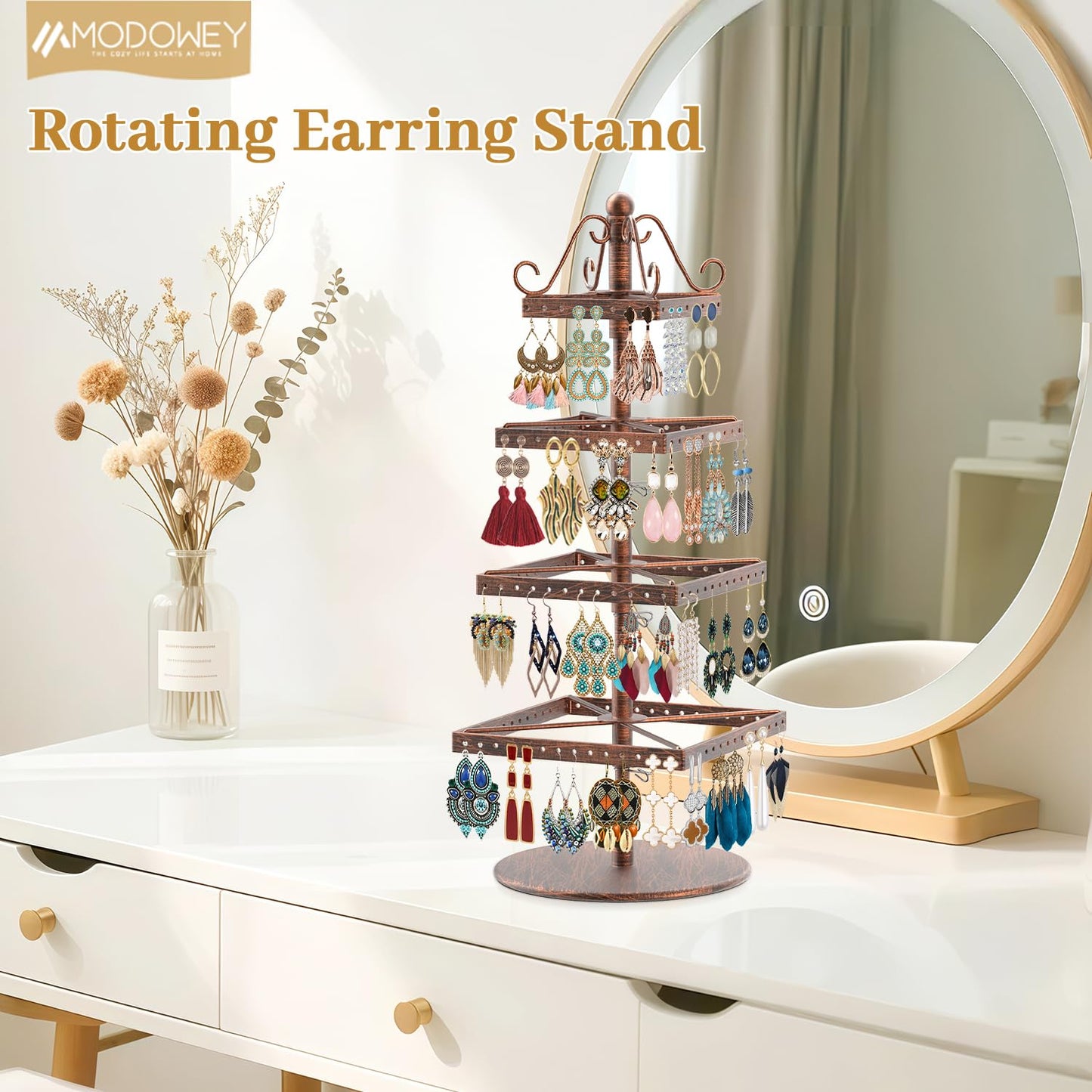 MODOWEY Rotating Earring Holder Organizer Stand, 4 Tier Adjustable Metal Display Tree, 176 Holes Earing Rack for Pierced Stud Dangle Hoop Storage, Space-Saving Jewelry Hanger Tower for Women, Bronze