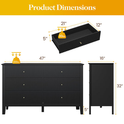 May in Color Black Fluted 6 Drawer Cabinet, Modern TV Console Table, Wood Entryway Table for Storage, Wooden Sideboard Cabinet for Bedroom, Hallway, Living Room
