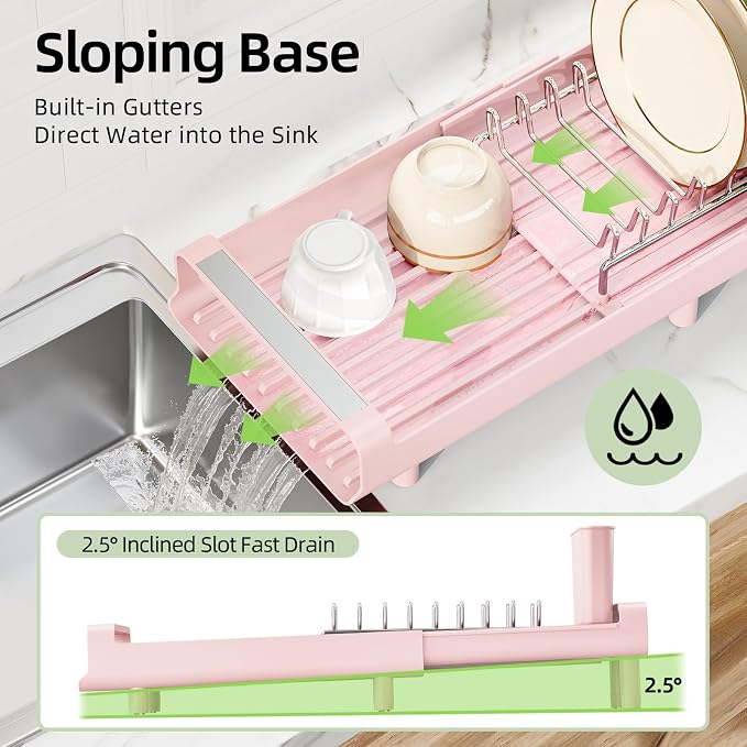 TOOLF Small Dish Drying Rack, Mini Expandable Compact Dish Rack, Slim Extendable Stainless Steel Dish Drainer for Kitchen Plate Storage, Space Saving Dish Strainer in Sink or on Home Countertop, Pink