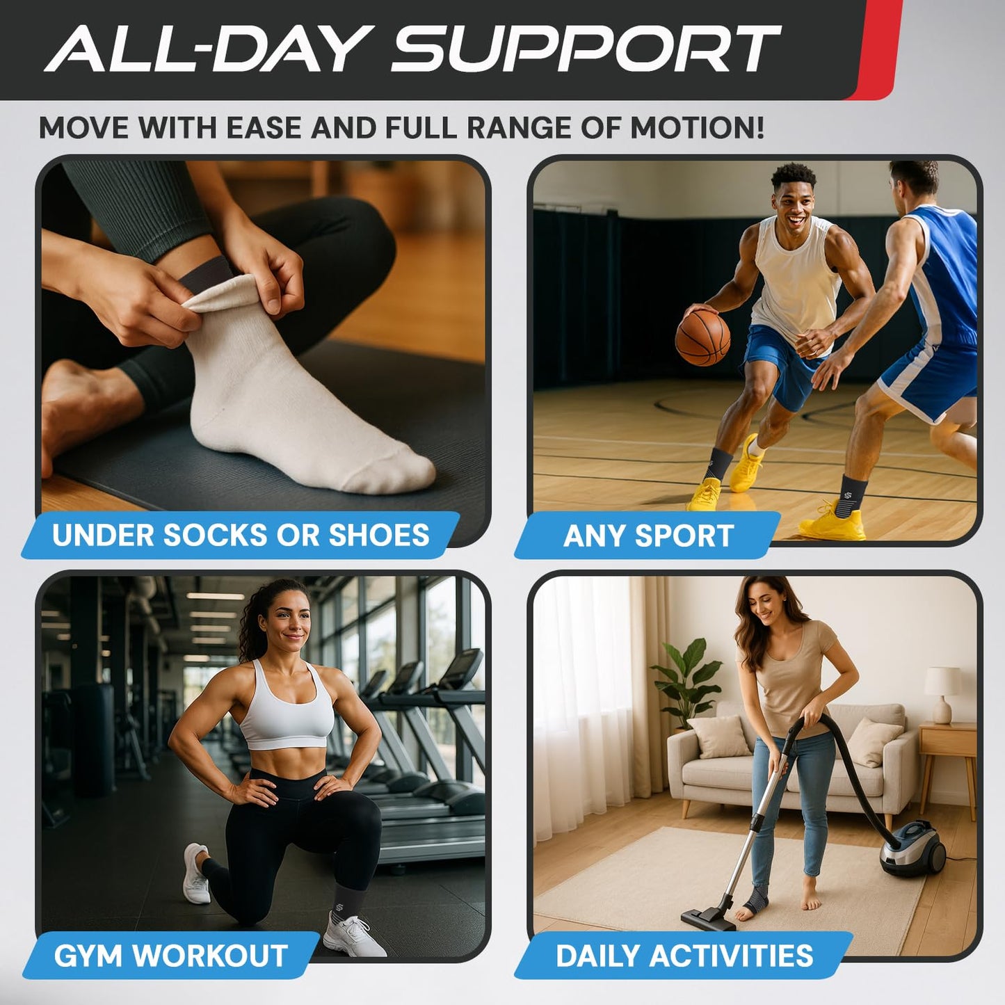 Sleeve Stars Ankle Brace for Women & Men, Ankle Wrap for Sprained Ankle, Compression Sleeve for Plantar Fasciitis Relief, Easy Customizable Support: w/Removable Strap (Single/L:12"-13"/Black)
