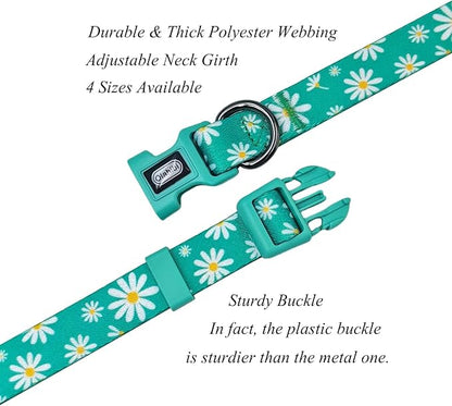 Dog Collar Leash Set, Floral Pattern, Polyester Material, Adjustable Collar and 5ft Matching Leash, for Medium Dogs.(M, Green Daisy)