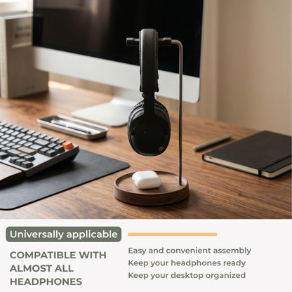 muso wood Walnut Headphone Stand, Universal Headset Stand with Storage Base, Wood Desktop Headphone Holder for Gaming Headset and Music Headset