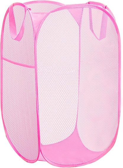 Portable Mesh Pop Up Laundry Hamper Pink Vertical Collapsible Laundry Basket