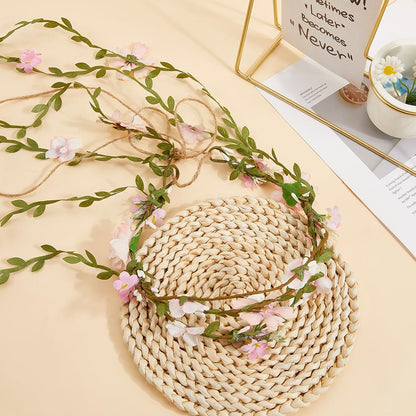 CABODYALS Pearl Pink Flower Crown Headband Boho Floral Wreath With Leaves Vine Ribbon Fairy Hairband Garland Wrapped Crafting Hair Hoop for Women Party Wedding Accessories Vacation Festival Decor