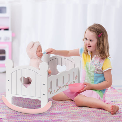 ROBOTIME Baby Doll Cradle and High Chair Set, Wooden Baby Doll Furniture with Rocking Crib and Feeding Chair, Fits 18-20 Inch Dolls, Pretend Play Toys for Girls Ages 3+